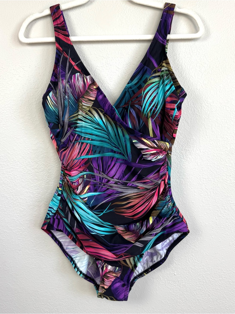 Miradonna by Miraclesuit Sz 12 One Piece Swimsuit Bahama Palms Tropical Leaves - Picture 2 of 11